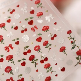 5D Embossed Rose Nail Stickers, Vintage French Cherry Bow Self-Adhesive