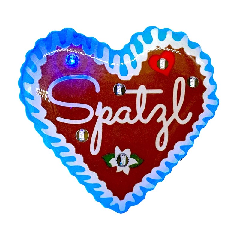 LED Badge Pin "Spatzl" in Gingerbread Heart Design for Weddings