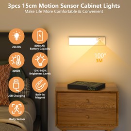 TOPPLEE Schrankbeleuchtung Unterbauleuchte Kche LED, Nachtlicht mit Bewegungsmelder Innen[3 Stck]LED Lampe USB, Schranklicht Schrankleuchten Sensor fr Kche, Kleiderschrank, Treppe, Schubladen, Weinschrank