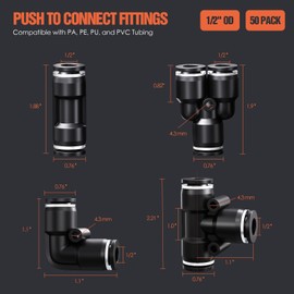 1/2" OD Push to Connect Fittings Kits –50PCS Air Line Connectors with Tee, Straight, Elbow, Splitters, Quick Connect Pneumatic Fittings, Push Lock Air Hose Fittings for Compressor, Air Tools & Tubing