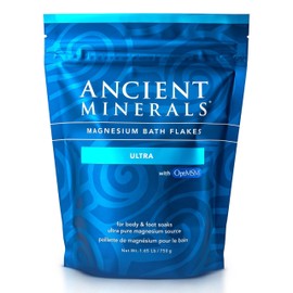 Ancient Minerals Magnesium Bath Flakes Ultra with OptiMSM – Pure Zechstein Magnesium Chloride and Organic Sulfur Bath Salts, Soothing Mineral Soak for Skin & Body, 1.65 lb