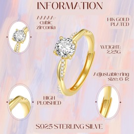 Macachii 14K Gold Plated Engagement Rings for Women | Adjustable Sterling Silver Cubic Zirconia Rings | Wedding & Promise Rings for WomenGold