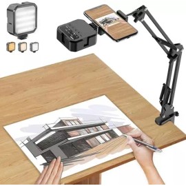 LJINGE Overhead Phone Mount Articulating Arm Cell Phone Holder with LED Light Phone