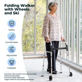 Careboda Folding Walker for Seniors, Lightweight Walker with Front Wheels & Glide Skis, Height Adjustable for Men & Women, 30-37 Inches, Easy to Move and Stable, Supports Up to 300 lbs, Silver
