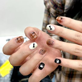 24 PCS Press on Nails Cute Cat Fake Nails Brown Checkered Fake Nails Short Fake Nails Gifts for Women and Girls (No.87)