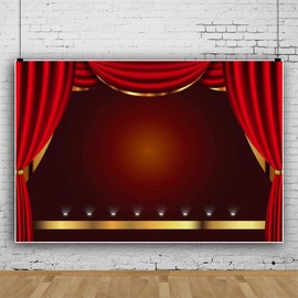 OERJU 7x5ft Stage Backdrop Red Curtain Gold Lace Dance Music Party Performance Act Out Theater Drama Show Celebrating Ceremony Photographic Background Adult Portrait Vinyl Studio Props Wallpaper