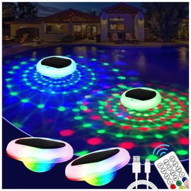 TEPENAR Solar Floating Pool Lights: 2 Pack USB Rechargeable Pool Lights That Float 6 Dynamic Modes with Remote IP68 Waterproof Hang RGB Upper and Lower Floating Light for Pond Garden Party Yard