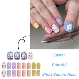 Easter Press on Nails Short Square Fake Nails Cute Bunny False Nails Gradient Colorful Polka Dots Acrylic Nails Rabbit Tail Design Glue on Nails Glossy Stick on Fingernails for Women Girls 24 Pcs