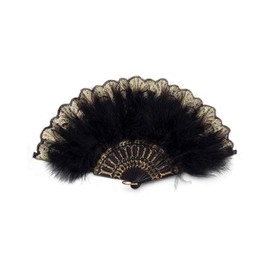 HAPPY FEATHER Embroidered Flower Marabou Feather Fan, 1920s Vintage Style Flapper Hand Fan for Costume Party Dancing-Black