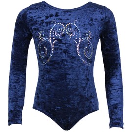 Girls' Long Sleeve Gymnastics Leotard Made of Stretch Velvet Opaque Children's Leotard with Crew Neck Velvet & Hexagon Sequins Gymnastics Leotard Gymnastics Jersey, darkblue