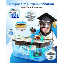 Large Dog Water Fountain SS304,12L Ultra-Purification Pet Drinking Dispenser with Visual Window,Widely Drinking Area,Deep Purification Filter,Triple Waterfall Structure,Low Water Indicator