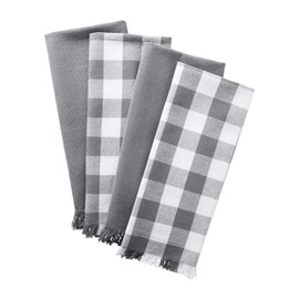 DII Cotton Checker Fringed Dish Towels, 18 x 28" Set of 4, Absorbent Heavyweight Woven Kitchen Towels for Drying and Cleaning Dishes-Gray