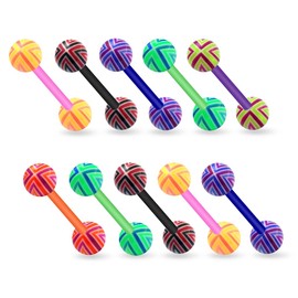 Monster Piercing Tongue piercings, pack of 10, tongue piercings made of flexible bioplast, with UV acrylic balls, glitter balls, bar thickness: 14 g (1.6 mm), bar length: 16 mm or 19 mm, hypoallergenic, Acrylic Sterling Silver