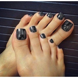 Chrome Glazed Black Press on Toenails for Women, Aurora Fake Toenail Press ons Short Square Acrylic Press on Toe Nails, Reusable Smoky Grey Toenails Glue on Natural Seamless Fit, 24Pcs Glue Toenails