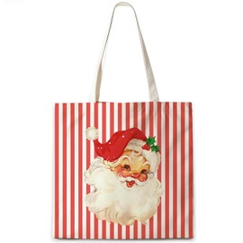CosxHabitat Red Striped Christmas Santa Tote Bag, Vintage Santa Claus Xmas Canvas Tote Bags, Holiday Christmas Reusable Grocery Shopping Bag