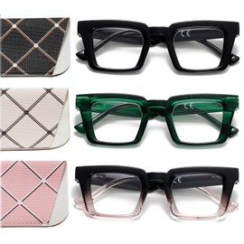 OWTXIS Oprah Style Reading Glasses for Women Blue Light Blocking Square Oversized Stylish Thick Readers Spring Hinge (Black, Green, Black Pink, +2.50)
