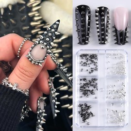 3D Mini Metal Punk Nail Art Studs Mixed Sizes Silver Black Cone Spike Metallic Studs Nail Rivets Jewelry Punk Style Nail Charms for Women DIY Crafts Manicure Supplies Accessories