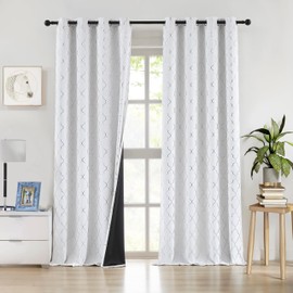 ZJDECOR - Cortinas opacas con ojales para recámara de 90 pulgadas de largo, diseño geográfico plateado en blanco con bloqueo de luz, tela de triple tela, tratamiento de ventana marroquí, blanco