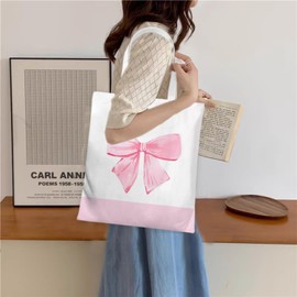 Leseogye Coquette Pink Bow Tote Bag for Women, Preppy Grocery Shopping HandBags, Cute Shoulder Bag for School Office Shopping