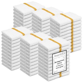 Bar Mops Gold Stripe Pack of 60 Kitchen Towels 16x19 Multi-Purpose for Home, Restaurant and Cleaning White Absorbent Washcloth Dishcloths Sets, Reusable Dish, Cloths Rags