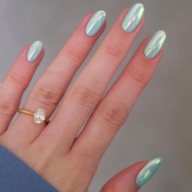 Spring Chrome Mint Green False Nails Short, SXVME Chrome Press On Nails Short Oval, Glazed Gel Fake Nails Press on, Cute Glitter Acrylic Nails Short Almond, Natural Stick on Nails for Women Nail Art