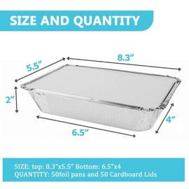 Aluminum Foil Pans with Lids - 50 Pack | Heavy Duty Meal Prep Containers with Lids | 1.6 LB Foil Pans for Cooking, Baking, Takeout | 8.3"×5.5"×2"