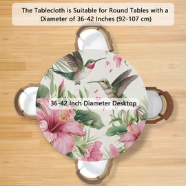 Pardick Round Fitted Tablecloth Tropical Plant Hummingbirds Round Tablecloth with Elastic Edge Circular Table Cover Waterproof Wipeable Table Cloth, Fits Tables up to 36" - 42" Diameter
