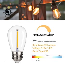 KGC 25 Pack Shatterproof & Waterproof S14 Replacement LED Light Bulbs –1W Equivalent to 10W, White Warm 2200K Outdoor String Lights Vintage LED Filament Bulb, E26 Base Edison LED Bulbs