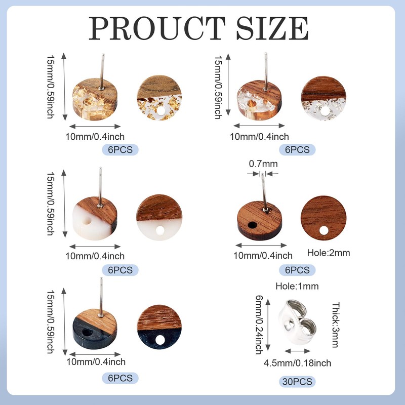 PandaHall 30pcs Resin Wood Stud Earrings, 10mm Flat Round Wooden