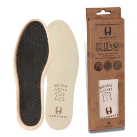 HANDARTE Kids Genuine Leather Insoles - Orthopedic Vegetable Tanned - Odor Eater Natural Padded with Latex Foam - Magic Absorbent and Thin - Tan - Daily Comfort (Kids Size US 10) with Keychain Gift