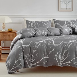 Duvet Cover Twin, Tree Branches and Buds Pattern, 2 Piece Breathable Twin Bedding Set with Zipper Closure, 1 Duvet Cover 68x90 Inches and 1 Pillowcases (Gray)