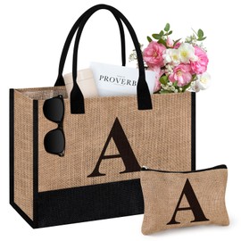 Initial Jute Tote Bag & Makeup Bag, Birthday Gifts for Women Her Mum Teacher, Suitable for Wedding, Beach, Holiday (A)
