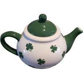 St Saint Patricks Shamrock Clover Ceramic Teapot Tea Pot - 9 x 7 x 7 Green and White and Gold