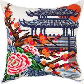 Brvsk Japanese Garden. Needlepoint Kit w/Printed Tapestry Canvas (40 × 40 cm) — Needlepoint Cushion Kit for Creative Home Décor — Needlework Kit for Adult Beginners
