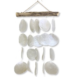 Capiz Wind Chime for Outside – Jumbo White Shell and Driftwood Windchime Outdoor Garden Patio Décor Gift 18” Long