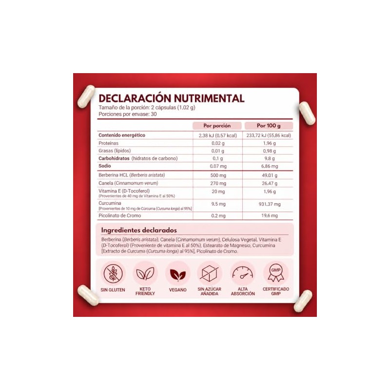 Berberina 60 Cápsulas | Suplemento Alimenticio con Vitamina E, Cúrcuma,