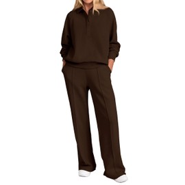 PRETTYGARDEN Women Fall 2 Piece Outfits Sweatsuits Quarter Button Long Sleeve Sweatshirt Wide Leg Pants Tracksuit Lounge Sets(Dark Brown,Small)