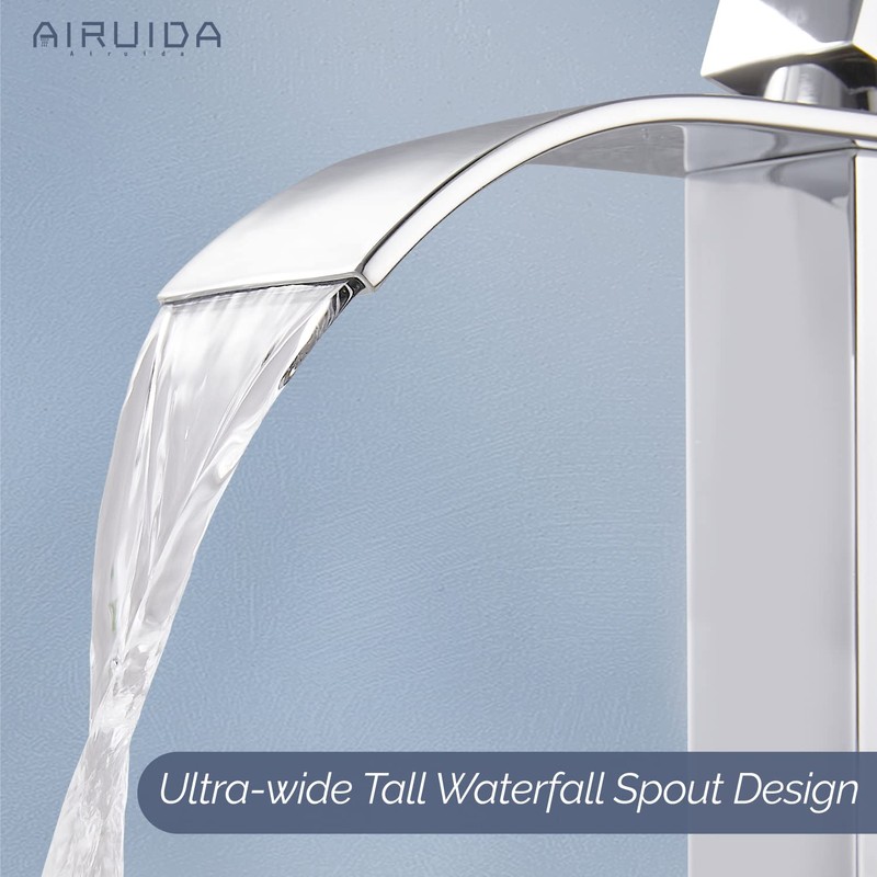 Airuida Tall Bathroom Vessel Faucet Chrome Polish Waterfall Bathroom Single