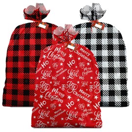 FUNIXY 3PCS Extra Large Christmas Gift Bags 44 x 36 in with Tags & Twist Ties for Giant Gifts Big Presents Holiday Gift Bags Plastic Wrapping Bags Red Black Buffalo Plaid