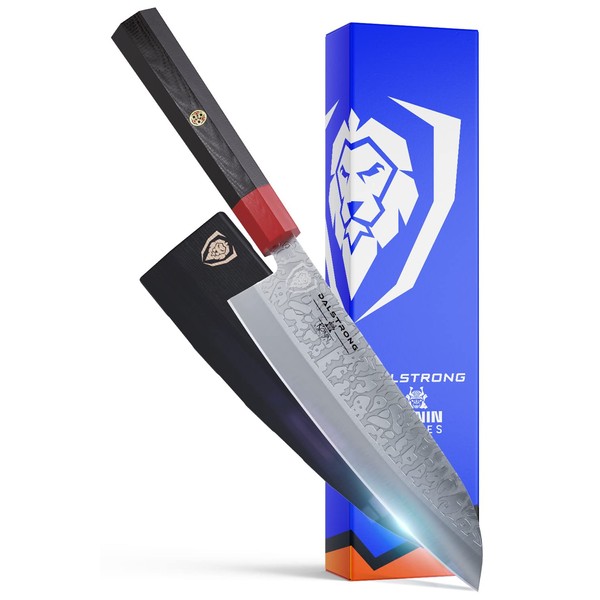DALSTRONG Santoku Knife - 7 inch - Ronin Series - Double Bevel Blade Razor Sharp - Japanese AUS-10V Super Steel - Damascus - G10 Handle Kitchen Knife - Black Acacia Wood Sheath