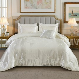 Bedbay Silky Satin Comforter Set King Size,White Bedding Set,8 Pcs Geometric Pleat Satin Bed Set, King Size Bed in a Bag Set with 1 Comforter,1 Flat Sheet,1 Fitted Sheet,4 Pillowcases,1 Cushion Cover
