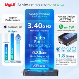MeLE PCG02 N100 Slim Mini PC Stick Windows 11 Home 4GB/128GB, Full Function USB-C Fanless Mini Computer Stick 2X HDMI 4K Display 2.4/5G WiFi BT5.1 GbE Micro PC with Vesa, on Office IoT Digital Signage