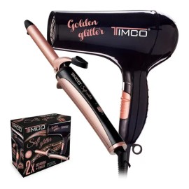 Combo Secadora Cabello  Tenaza Rizadora Cerámica Timco Negro                                                                                          