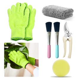 Microfiber Gloves for Plant Dusting, Gentle Leaf Shine, Plant Cleaning Gloves, Comes with a Garden Shear, a Cleaning Cloth, a Sponge Wipe, and Two Succulent Cleaning Brushes