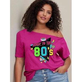 OCURHU 80s Costumes for Women Back to The 80's Off Shoulder Top Disco 80s 90s Theme Party Outfit Neon Pink 2XL