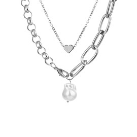 Women's Pearl Strand Necklaces Pendants Choker Chain,Gold Love Heart Layered Pearl Chain Necklace,Silver Pearl Necklaces Women Wedding Jewelry (Silver)