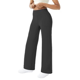 FireSwan Wide Leg Yoga Pants Women Stretch Dress Lounge Pants with Pockets High Waisted Loose Casual Trousers Dark Grey