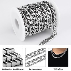 16.5 Feet Stainless Steel Cuban Chain, 9mm Width 304 Stainless Steel Curb Link Chains Roll Bulk for Jewelry Making