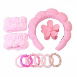 WENSIDUO 10 Pcs Spa Headband Wristband Flower Claw Clip and Spiral Hair Tie Set, Reusable Soft Skincare Headbands Set for Women Girls, Pink.