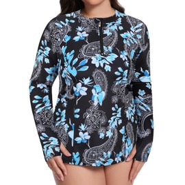 Tanst Sky Women's Swim Top,Plus Size Sun Protection Clothing for Women Quarter Zip Long Sleeve Crewneck UPF 50+ Rash Guard Ladies Quick Dry Coverups Beach Bathing Suits Floral Blue XL